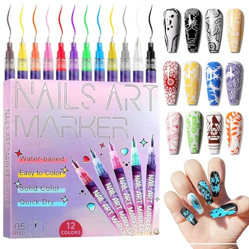 HAASIKI 12 Colours Nail Art Pens Set, 2026 Upgrade Nail Polish Pens for Gel Nails, 0.5mm Fine Tip Nail Art Markers for Real Nails, Dotting Nail Pen for DIY Nail Art Graffiti Drawing Nail Art