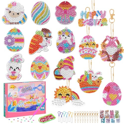 Zoyomax Diamond Painting Ostern Anhänger - 15 Stück 5D Doppelseitige Diamand Painting Schlüsselanhänger Kinder, DIY Hase Bastelset Osterei Diamant Malerei Kit für Osterndeko und Geschenk