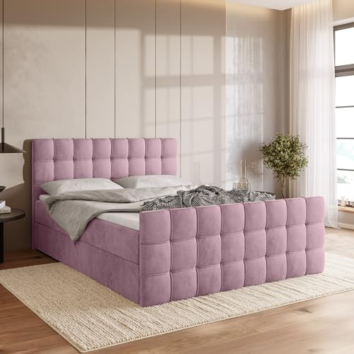 BROMARKT Boxspringbett mit Topper Bettkasten 140x200cm Härte H3 Puderrosa | Doppelbett mit Kopfstütze Matratze und Fußteil Jugendbett Bett Bed Einzelbett Stauraum Boxbett Matratzenauflage DETROIT DUO
