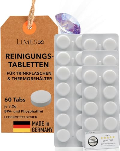 Reinigungstabletten für Trinkflaschen, optimierte Formel, biologisch abbaubar, MADE IN GERMANY seit 1965 – Edelstahl, Glas, Kunststoff – Hygienische Sauberkeit & Frische - 60Tabs im Blister