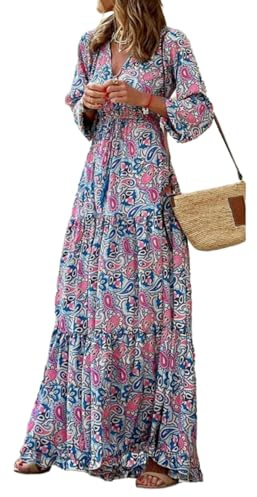Fryloo Vestiti a Maniche Lunghe Maxi Abito da Donna Bohémien, V-Scollo con Stampa Floreale Estiva, Elastico Vita Alta Manica Lunga, Copertura delle Vacanze in Spiaggia, Estivo Casual-Viola-s