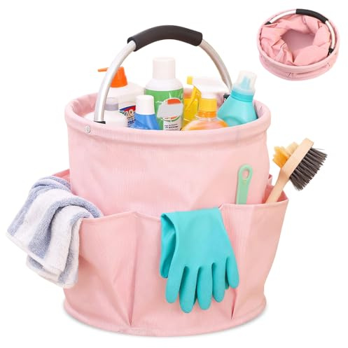 Xreuctop Cleaning Caddy with Handle, 24L Foldable Cleaning Products Organiser, Bucket Tool Bag, Multipocket Large Cleaning Bag for Home, Kitchen,Bathroom, Outdoor (Pink)