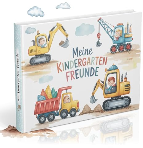 Freundebuch für den Kindergarten mit Baustellen-Motiven | Erinnerungsbuch zum Ausfüllen mit Platz für 30 Freunde & 5 Wegbegleiter (z.B.Erzieherinnen) | Beliebtes Geschenk im Kindergartenalter