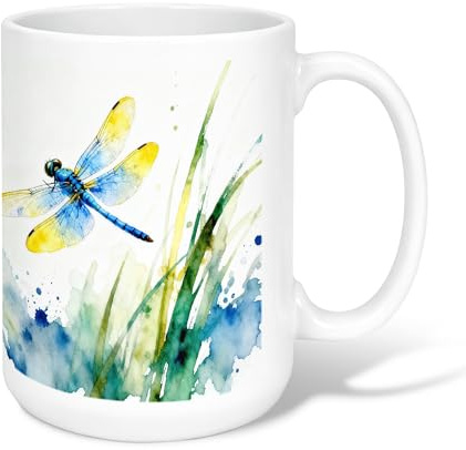 Keramik-Kaffeetasse mit Libelle, Natur, künstlerisches Gras, Aquarell, Frühlingsgrün, Neuheit, heiße Schokolade, Tasse mit Griff, ideal für Freunde, Familie, Kollegen, Lehrer, Paare, Mitarbeiter, 425