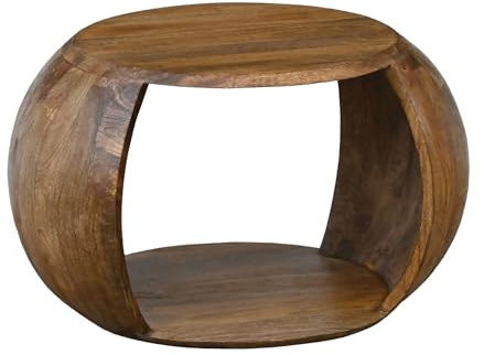 FineBuy Couchtisch Mango Massivholz rund 60 cm x 46 cm x 36 cm - Wohnzimmertisch mit Ablagefach - Handgefertigter Sofatisch aus Echtholz im natürlichen Landhaus Design
