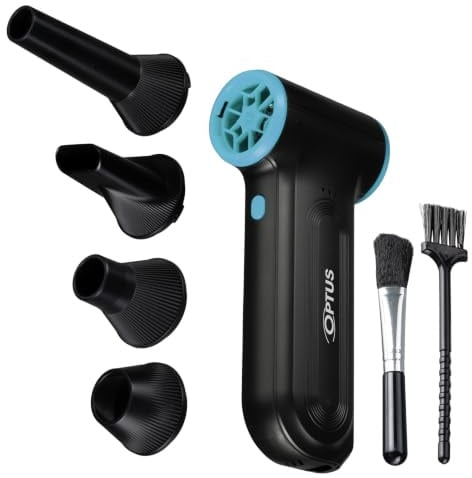 Optus elektrisches Staubgebläse 120 W mit 3 Stufen bis 110000 U min | 45 m s Luftstrom, bis 240 Min Laufzeit, USB C Ladung, 4 Düsen, 2 Pinsel, für Elektronik, Optik und Auto