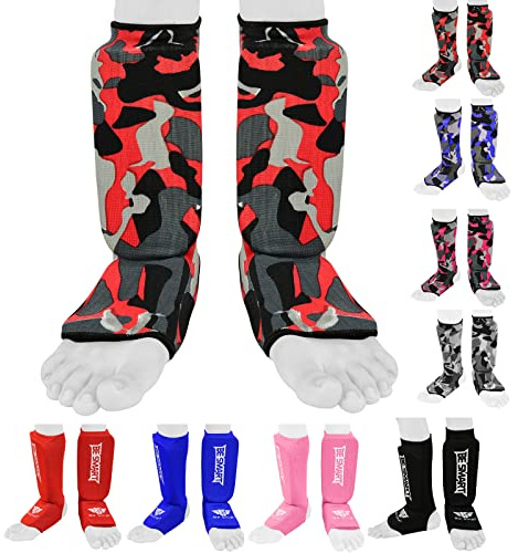 Protège-tibias Enfant Be Smart pour MMA, boxe, Muay Thai, kick-boxing - Protection du tibia et du cou-de-pied, Red Camo, XXXS (3 to 8 Years)