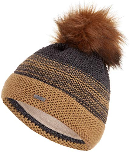 Faera Mütze Damen Wintermütze warm gefüttert mit Fleecefutter Kunstfell Bommelmütze Winter Herbst Bommel Strickmütze Beanie 60, Farbe:Braun
