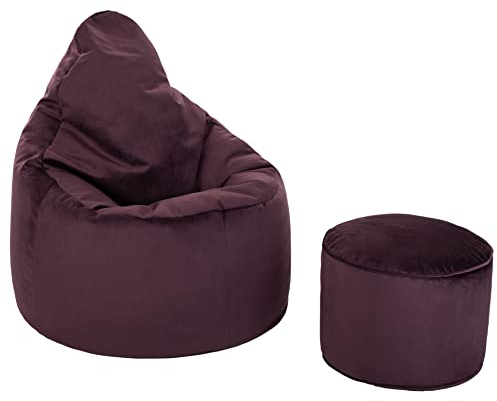 Loft 25 Capriccio Velvet Sitzsack Sessel| Samtweicher Premium Indoor Sitzsack für das Wohnzimmer | Ergonomisches Design zur Unterstützung der Körperhaltung (Sitzsack + Fußhocker, Aubergine)