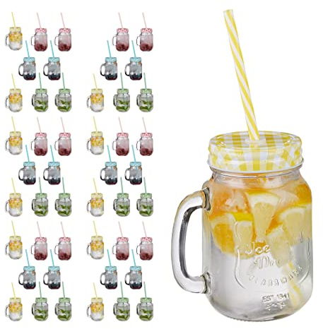 Relaxdays Verres avec Paille, Couvercle et Anse, Lot de 48, HLP 13x10,5x15 cm, 400 ML, Limonade, Boissons glacées, Multicolore
