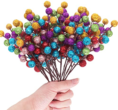 Künstliche bunte Beerenstiele, 24 Stück, 22.1 cm, Oster-Glitzerbeeren, Stiele, künstliche Obstbeere, Stechpalmen, Blumen, Zweig, Zuhause, Urlaub, Hochzeit, Party, DIY, Basteln, Dekoration (bunt)