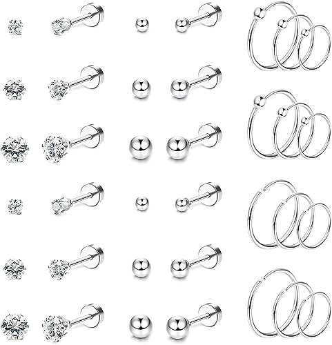 Diamday 18 Paare Kleine Ohrstecker Hoops für Damen Herren - Edelstahl Flache Knorpel Ohrringe Sets CZ Winzige Kugel Hypoallergene Tragus Helix Piercing Silber