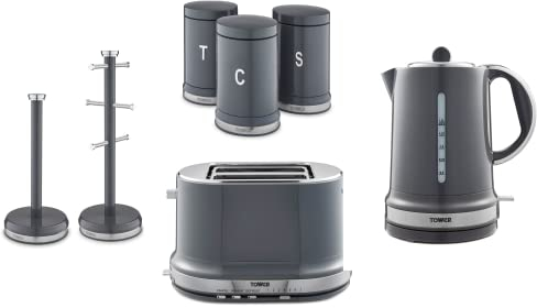Tower Belle 1.5L 3KW Kettle, 2 Slice Toaster, Tea, Coffee & Sugar Canisters, Mug Tree & Towel Pole in Graphite Grey. Stylish Parisian Design Matching Kitchen Set of 7
