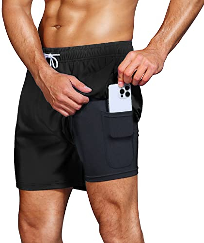 HMIYA Badehose Herren 2 in 1 Badeshorts Schwimmhose Schnelltrocknend Kurz Boardshorts mit Kompression und Reißverschlusstaschen(Schwarz M)