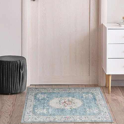TALETA Fußmatte innen waschbare, dünn Fussmatte bunt, Kleiner Teppich Vintage Bettvorleger rutschfest für Schlafzimmer, fußmatten für Haustür, Küche, Ecke, Vor dem Bett - Blau, 50 x 80 cm