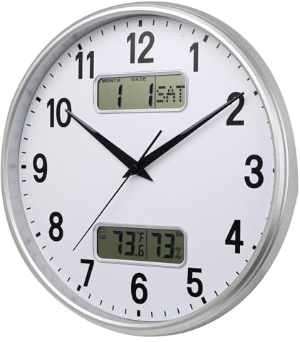 HZDHCLH 33cm Funkuhr Digitale, Anzeige von Temperatur, Luftfeuchtigkeit, Kalender, Modernes Design, Geeignet Für Zuhause, Büro, Schule（Weißsilber）