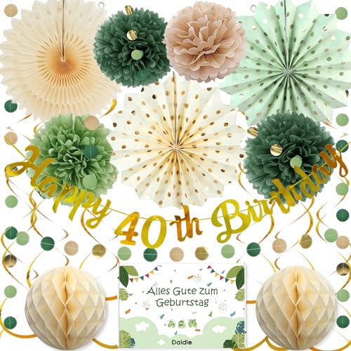 Daidle 40 Geburtstag deko- Premium Wiederverwendbare Party Deko, 40.Geburtstagsdeko Frauen, Geburtstagsdeko- Happy Birthday Girlande, Wimpelkette, Wabenbälle, Pompons, Sage Grün