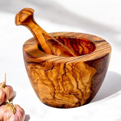 Handcrafted Olive Wood Mortar and Pestle Set | Premium Natural Wood Grinder Bowl Perfect for Herbs Garlic Guacamole Garlic Seeds Spices | Rustic Kitchen Tool (Natural Wood Grain, 8 cm)