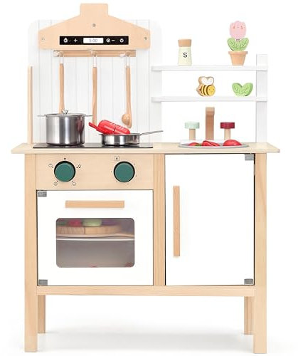 PairPear Spielküchen aus Holz für Kinder mit Metalltöpfen & Kochzubehör, 3-stufig höhenverstellbar, Spielküche mit Holzutensilien, Geeignet für Kinder ab 3 Jahren