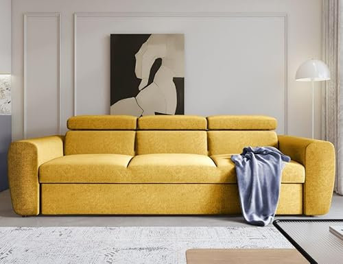MODERNO Sofa mit Schlaffunktion Napoli - Schlafcouch mit Bewegliche Kopfstützen 3 Sitzer Wohnzimmer - Schlafsofa 3 Sitzer Wohnzimmer - 92x254x86 cm - Senfgelb - Trenza 11