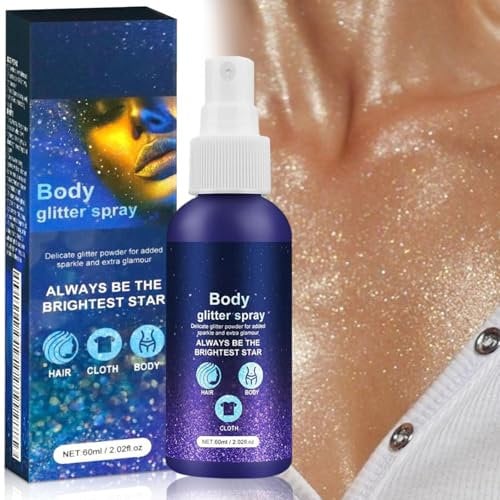 VEROA 60 ML Festival Glitzer Spray für Gesicht & Haare & Körper - Schnell Trocknend,Wasserdicht Glitzerspray Festival Zubehör Must Haves - Body Glitter Geeignet für Abendpartys, Bühnen, Partys