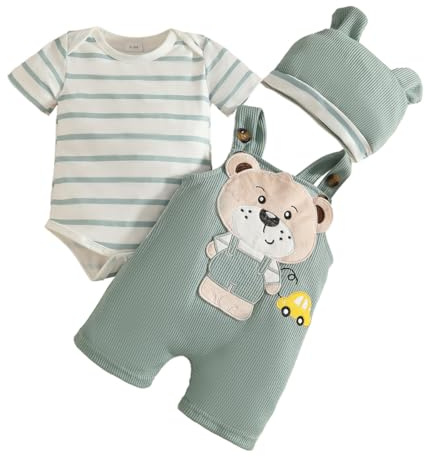 JENJON Vestiti Set per Neonati Maschi Maglietta a Righe a Maniche Corte + Pantaloni con Bretelle di Animale + Cappello 3 Pezzi Estivo Set di Abiti 0-18 Mesi