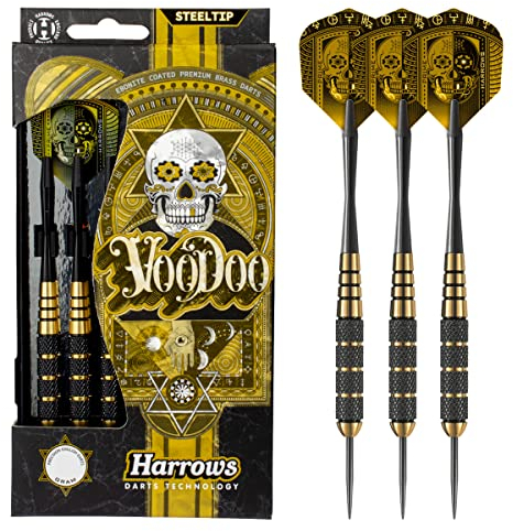 Harrows Voodoo Dart-Set mit Messing-Stahlspitze, 19 g, 21 g, 23 g, 25 g und 27 g, inklusive Speedline-Schäfte, Marathon-Gold-Flights und Reiseetui, 27 g