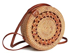 Ulisty Hohl-geschnitztes Design Rund Rattan Tasche Kreis Strohbeutel Handgefertigte Tasche Weben Korb Handgewebte Tasche Sommer-Strandtasche Schultertasche Umhängetasche für Damen/Frauen Khaki Futter