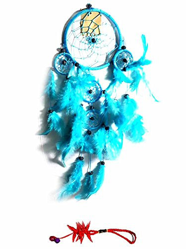 Traumfänger blau Federn 40 cm lang Kreis groß 12 cm Durchmesser Traumfänger zum Aufhängen im Kinderzimmer Kinderbett Dream Catcher + 1 Schlüsselanhänger Hörner