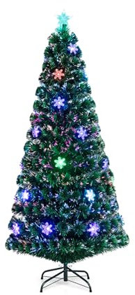 GOPLUS Sapin de Noël Artificiel Fibre Optique, 28 Flocons de Neige Lumières LED et Etoile Sommet, 220 Branches Touffues, Feuilles en PVC, Décoration de Noël, Vert (180)