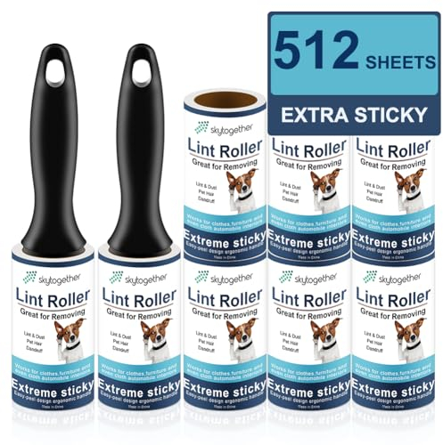 Fusselrollen für Tierhaare, Kleidung, Möbel, Teppich, Couch, extra klebrige Fusselentferner, Reisegröße, Fusselrolle, 2 Griffe + 8 Roller-Nachfüllpackungen, 64 Blatt/Rolle (insgesamt 512 Blatt)