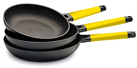 CASTEY - Juego de Sartenes de Vitro-Gas, Modelo SET8-1, Medidas 20, 24 y 28 cm, Color Amarillo, Antiadherente, Sin PFOA, Ligera y Maniobrable, Mango Ergonómico, Apto para Todas las Cocinas