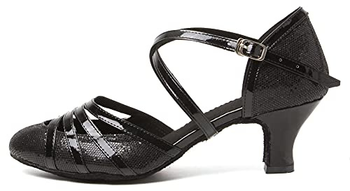 HROYL Women Glitter Latin Dance Shoes Low Heel Salsa Tango Ballroom Latin Party Wedding Dancing Shoes,512-Black-5,4.5 UK