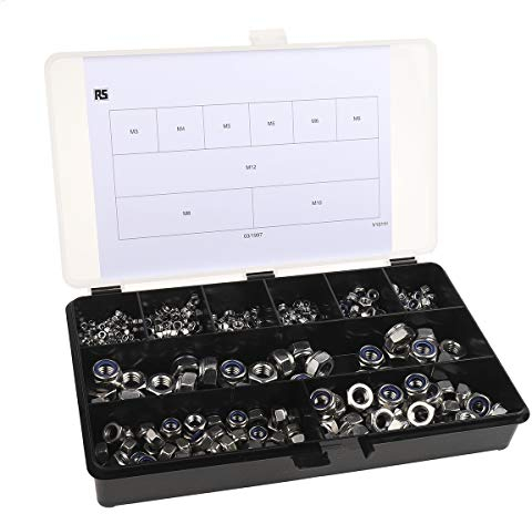 RS PRO Edelstahl M10, M12, M3, M4, M5, M6, M8 Selbstsichernd Muttern Sortiment, 545-teilig, A4 316, Glatt