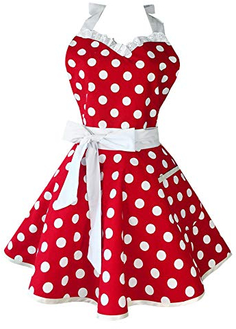 Golden Apple Lovely Sweetheart Red Retro Kitchen Aprons Women Girl Cotton Polka Dot Cooking Salon Apron Dress