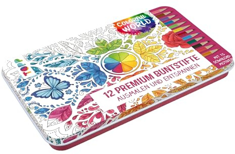 Colorful World Designdose mit 12 Premium-Buntstiften: 12 Premium Buntstifte mit weichen Minen und 15 Ausmalbildern zum Download in Designdose (14,6 x 21,8 x 1,5 cm)