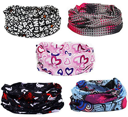 freesiom Lot de 5 Cache Cou Col Bandana Elastique Bandeau Visage Foulard Homme Femme Moto Anti Pollution Respirant Vintage Serre-tête Cagoule Sport Cyclisme Vélo Course Cadeau Coeur