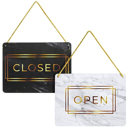 2-Pack Double Sided Open Closed Sign for Business Door, Gold Marble Design Reversible Hanging Sign for Window (29.2 x 21.6 cm)