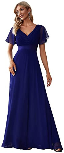 Ever-Pretty Women's Double V-Neck Short Flutter Sleeves Empire Waist Elegant Chiffon Long Wedding Guest Dresses Royal Blue 16UK