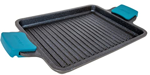 Arcos Grill Antiadherente Aluminio Fundido 34x26 cm, Apto para Todas las Cocinas, Asas Silicona, Ahorro Energético, Lavavajillas, Negro/Azul, Serie Thera