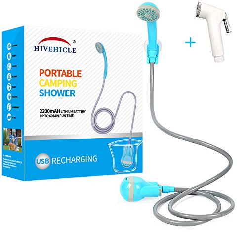 HiVehicle Portable Shower for Camping – Portable Camping Shower with Electric USB Rechargeable Battery,Outdoor Camp Shower Pump for Camping,Hiking,Travel,Pet Cleaning,Car Wash,Water Flower(2 Head)