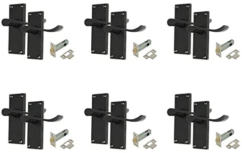 Haven Heritage Door Handles Victorian Scroll Lever Latch in Matt Black Inc Tubular Latch - Back Plate Size 118mm x 40mm. Internal Sold in Pairs (6)