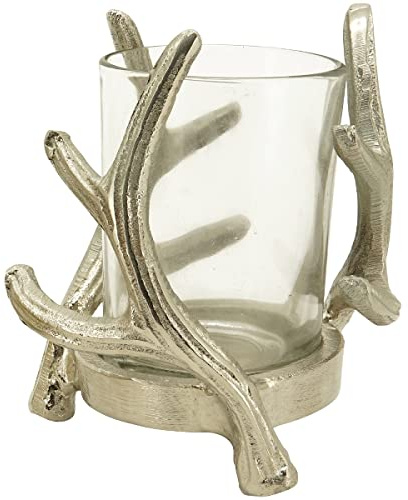 Windlicht Teelichthalter Geweih Kerzenhalter Alu 1 Glaszylinder Silber H 14 cm