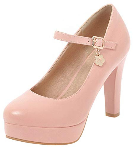 Décolleté Donna, Mary Jane Tacco a Blocco Eleganti Scarpe da Sposa Tacco Alto Punta Rotonda con Plateau Fibbia Rosa Numero 33 EU