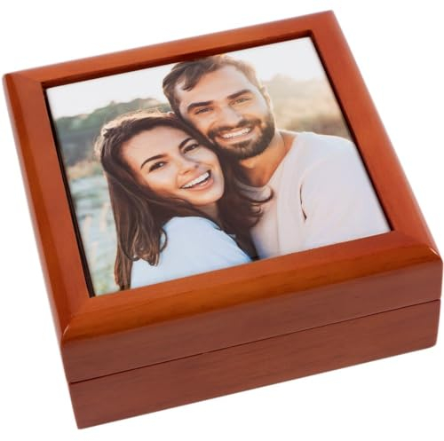 Ocadeau Schmuckschatulle mit Foto - Schatulle aus hellem, lackiertem Holz und bedruckter Fliese mit Foto - Personalisierte quadratische Schatulle aus Holz und Keramik