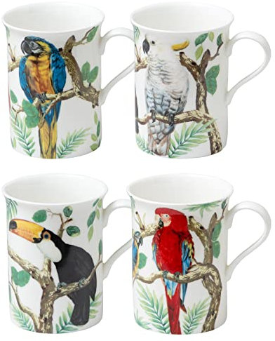 Gracie Bone China Lot de 4 mugs perroquets tropicaux et toucans