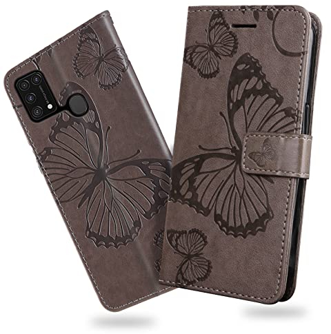 DENDICO Hülle für Galaxy M31, PU Leder Magnetverschluss Flip Handyhülle Schutzhülle mit Standfunktion und Kartenfach für Samsung Galaxy M31, Grau