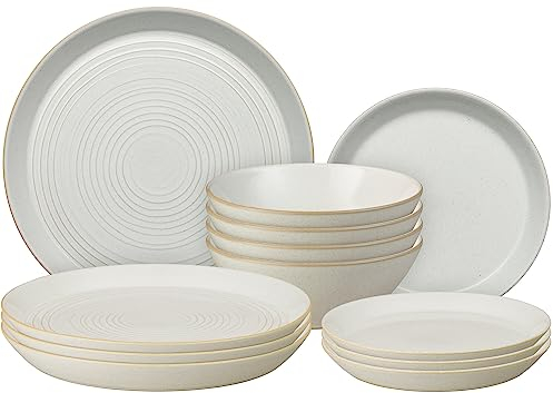 Denby - Impression Cream Dinner Set For 4 - 12 Piece Ceramic Tableware Set - Dishwasher Microwave Safe Crockery Set - 4 x Dinner Plates, 4 x Small Plates, 4 x Cereal Bowls- Spiral Design