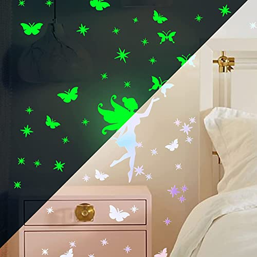 Leuchtsterne Selbstklebend Wandtattoo Kinderzimmer Mädchen Leuchtsticker Fee Schmetterling Leuchtsterne Wandsticker Sternenhimmel Leuchtaufkleber Aufkleber Babyzimmer Deko für Mädchen Geschenke