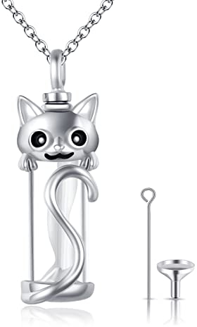 Urnen-Halskette für Asche, 925er Sterling Silber Urnen-Halskette mit Katze Haustier Glas Feuerbestattung Andenken Schmuck Geschenk für Frauen und Mädchen